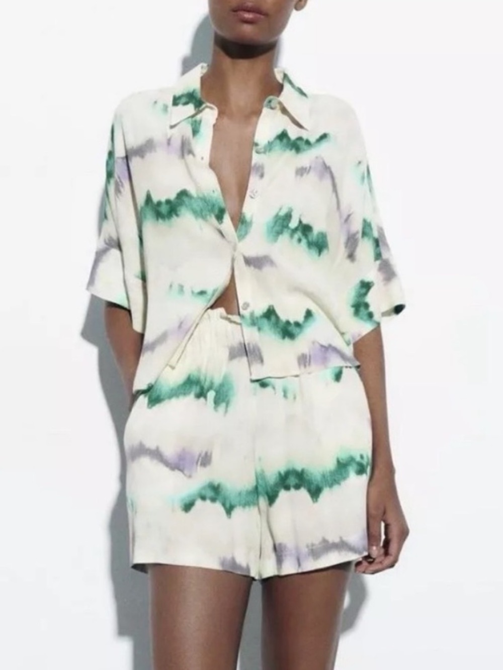 Zara Tie-Dye Short Set in Green, Lavender & Cream